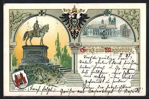 Lithographie Magdeburg, Kaiser Wilhelm-Denkmal, Reichsadler, Wappen