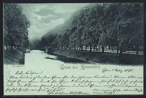 Mondschein-AK Düsseldorf, Königsallee vom Wasser aus, mit Brücke