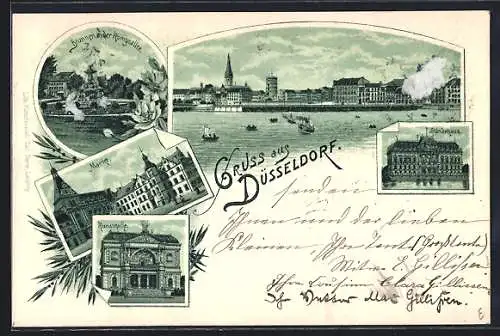 Lithographie Düsseldorf, Brunnen in der Königsallee, Ständehaus, Markt, Kunsthalle