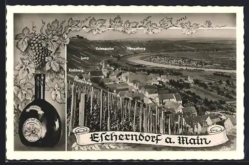 AK Volkach-Escherndorf, Panorama, Flasche Escherndorfer Lump, Weinrebe