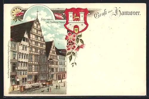 Lithographie Hannover, Schmiedestrasse, das leibniz Haus, das Wappen