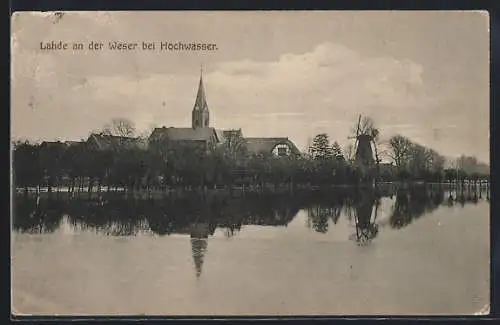 AK Lahde an der Weser, Panorama mit Windmühle bei Hochwasser