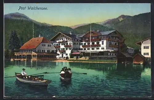 AK Walchensee, Hotel zur Post F. Leiss vom Wasser aus, mit Bootspartie