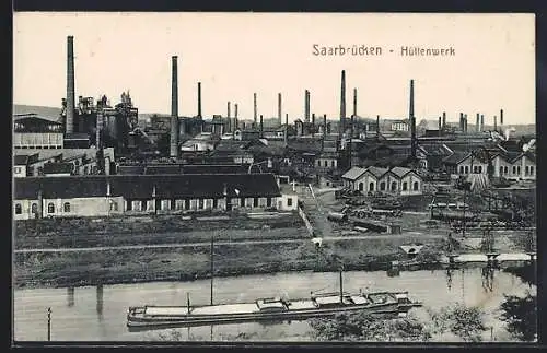 AK Saarbrücken, Hüttenwerk vom Wasser aus der Vogelschau