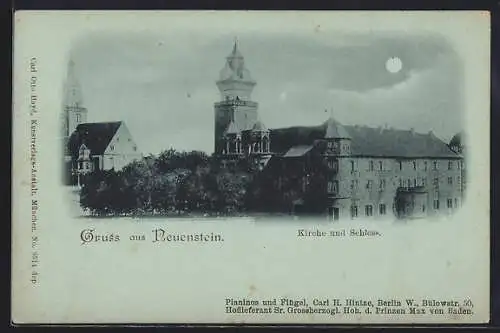 Mondschein-AK Neuenstein / Württ., Kirche und Schloss