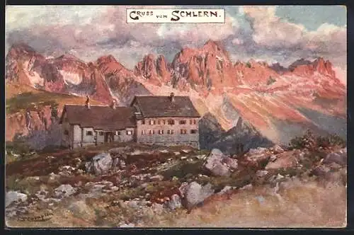 Künstler-Lithographie Edward Theodore Compton: Schlern-Berghütte