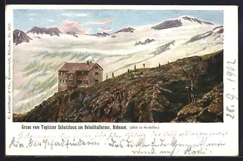 AK Teplitzer Schutzhaus am Uebelthalferner, Berghütte und Kletterer, Ridnaun