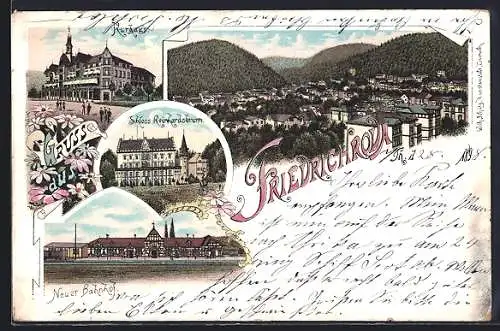 Lithographie Friedrichroda, Schloss Reinhardsbrunn, Kurhaus, neuer Bahnhof