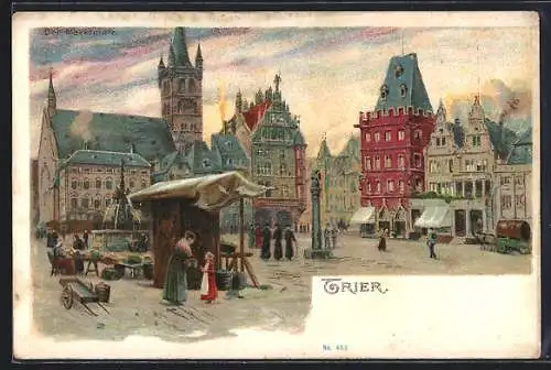 Lithographie Trier, Marktplatz mit Ständen, Brunnen und Denkmal