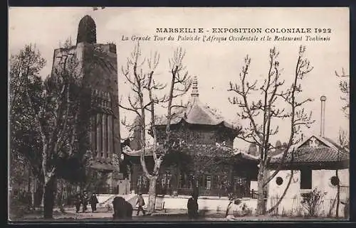 AK Marseille, Exposition Coloniale 1922, La Grande Tour du Palais de l`Afrique Occidentale et le Restaurant Tonkinois