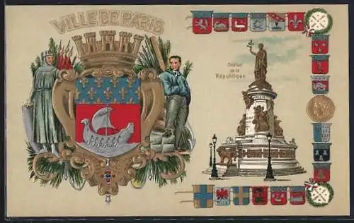 AK Paris III, Ville de Paris, Statue de la Republique, Wappen, Segelschiff