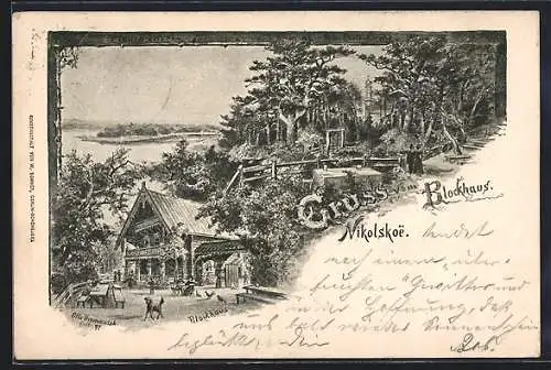 Lithographie Berlin-Nikolskoe, Wanderer am Blockhaus, Blick in den Wald