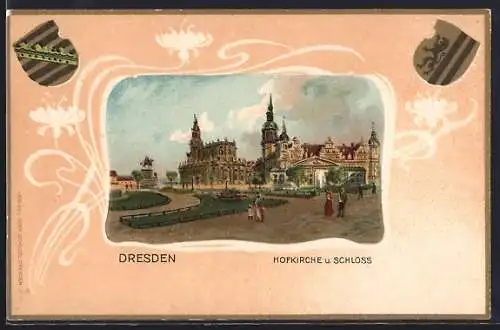 Lithographie Dresden, Hofkirche und Schloss mit Anlagen, Wappen