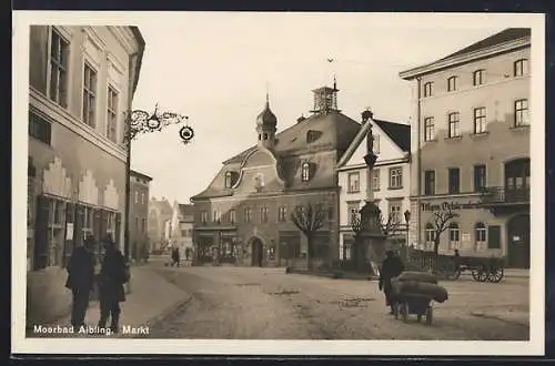 AK Aibling, Strassenpartie am Markt mit Denkmal