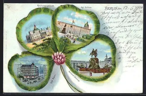 Lithographie Berlin, Blick auf Kgl. Schloss, National-Denkmal, Café Bauer, Reichstagsgebäude im Kleeblatt