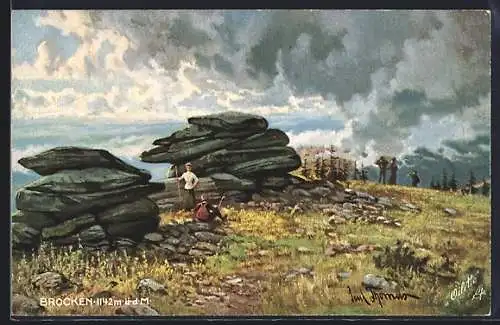 Künstler-AK Schierke am Brocken, Wanderer auf dem Brocken