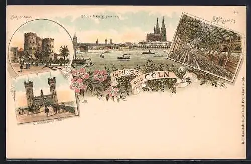 Lithographie Köln-Deutz, Bahnenthor, Saal im Gürzenich, Ortsansicht v. Deutz gesehen