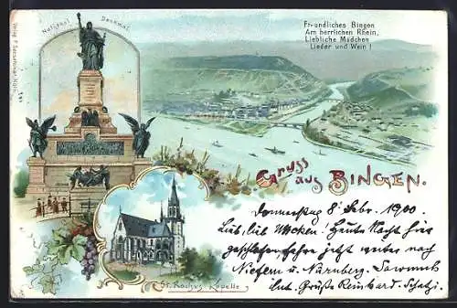 Lithographie Bingen / Rhein, National Denkmal, St. Rochus Denkmal, Totalansicht