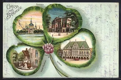 Passepartout-Lithographie Bremen, Parkhaus, Theater, Rathaus und Kaiser-Denkmal im Kleeblatt