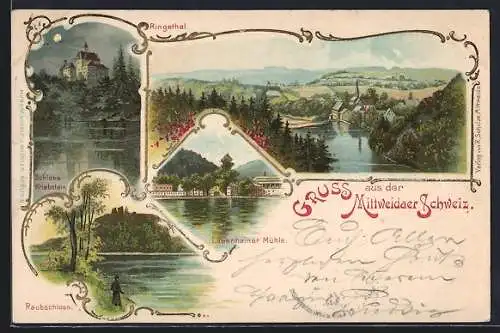 Lithographie Mittweida, Schloss Kriebstein, Ringethal, Gasthaus Lauenhainer Mühle und Raubschloss