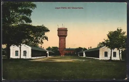 AK Lager Lechfeld, Lager-Partie mit Wasserturm