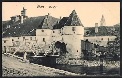 AK Cham, Burgtor mit Brücke