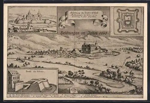 Künstler-AK Heldrungen, Ortsansicht mit Schloss im Jahre 1645, Grundriss der Schlossanlage