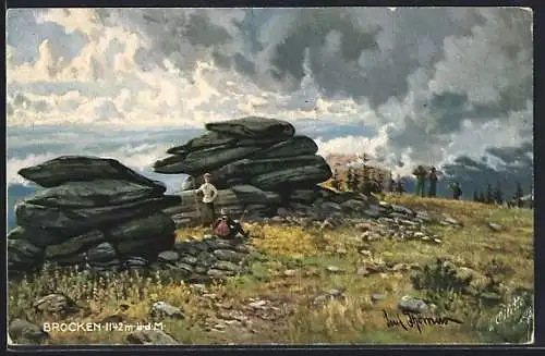 Künstler-AK Schierke am Brocken, Wanderer auf dem Brocken