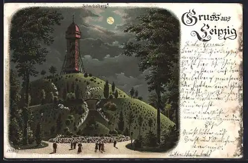 Lithographie Leipzig, Aussichtsturm auf dem Scherbelberg bei Nacht