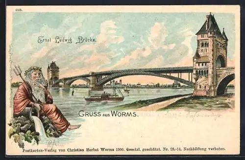 Lithographie Worms, Partie an der Ernst Ludwig Brücke