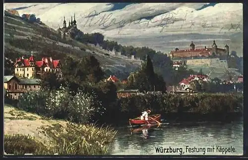 Künstler-AK Würzburg, Festung mit Käppele und Ruderboot