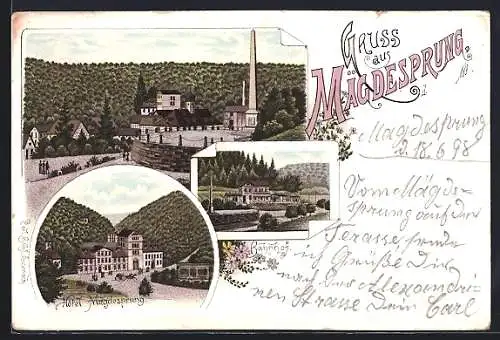 Lithographie Mägdesprung-Harzgerode, Hotel Mägdesprung, Bahnhof