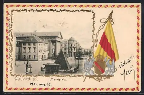 Passepartout-Lithographie Karlsruhe, Marktplatz, Fahne und Wappen