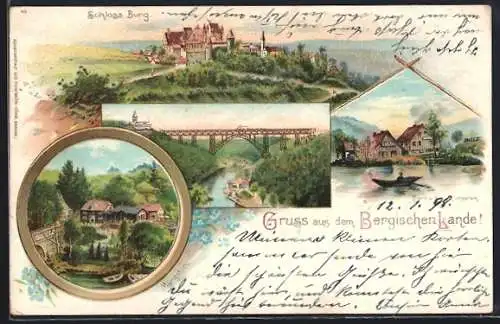 Lithographie Müngsten, Schloss Burg, Grosse Brücke, Talsperre, Ortspartie mit Häusern