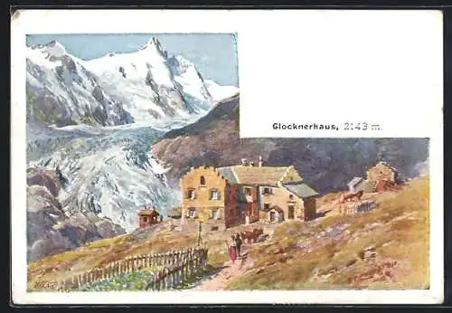 Künstler-AK Edward Theodore Compton: Glocknerhaus, Blick den Weg entlang zur Berghütte mit dem Gletscher