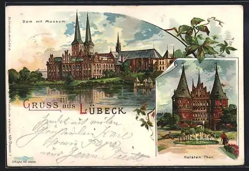 Lithographie Lübeck, Dom mit Museum, Holsteintor