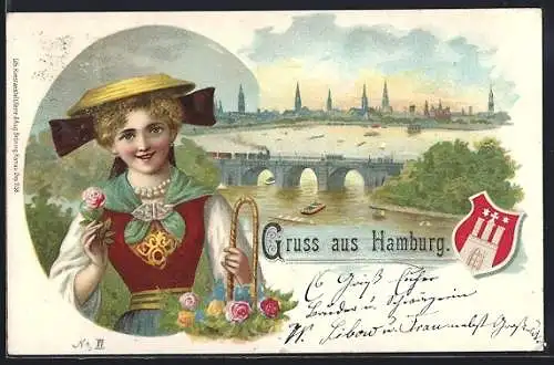 Lithographie Hamburg, Totalansicht der Stadt und Hamburger Deern