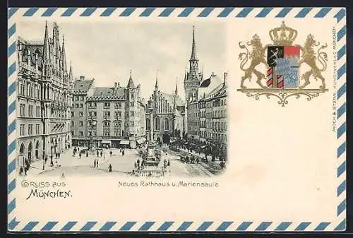 AK München, Neues Rathaus u. Mariensäule, Wappen v. München