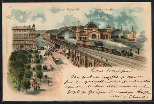 Lithographie Dresden, Motiv vom Haupt-Bahnhof