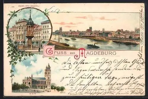 Lithographie Magdeburg, Gesamtansicht, Kaiser Otto Denkmal & Domansicht