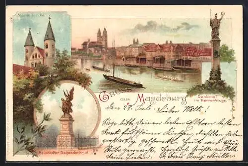 Lithographie Magdeburg, Neustädter Siegesdenkmal, Marienkirche, Elbepartie mit Booten und Denkmal im Herrenkruge