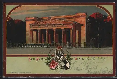 Lithographie Berlin, Neue Wache in der Sonne, Wappen, im Rahmen