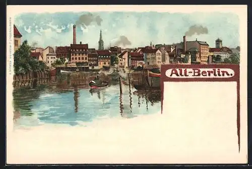 Lithographie Alt-Berlin, Wasserpartie mit Dampfern