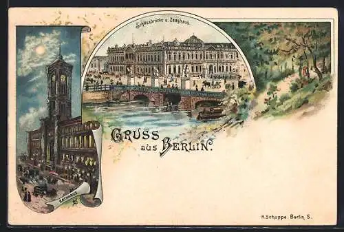 Lithographie Berlin, Blick auf die Schlossbrücke mit dem Zeughaus, Partie am Rathaus