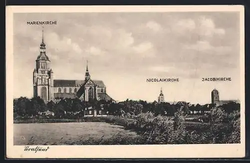 AK Stralsund, Blick auf Marienkirche, Nicolaikirche und Jacobikirche