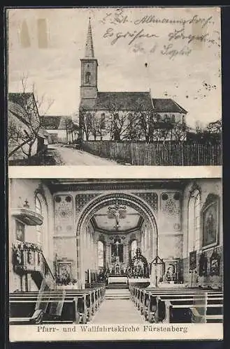 AK Fürstenberg / Konstanz, Blick auf Pfarr- u. Wallfahrtskirche m. Innenansicht