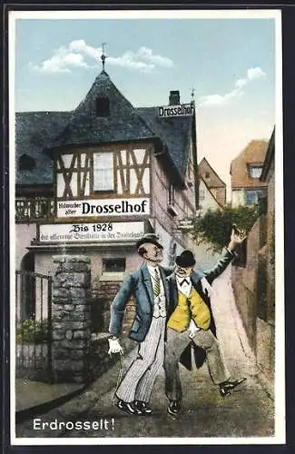 AK Rüdesheim a. Rh., Gasthaus Drosselhof in der Drosselgasse, Zwei Betrunkene auf der Strasse