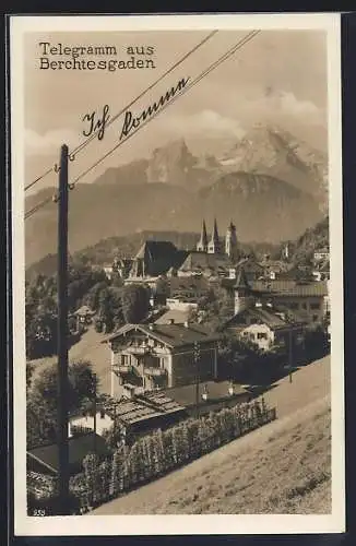 AK Berchtesgaden, Ortsansicht mit Telegraphenmast