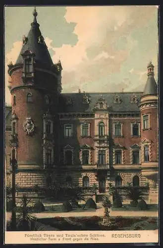 AK Regensburg, Fürstlich Thurn und Taxissches Schloss, Westlicher Turm u. Front gegen Allee