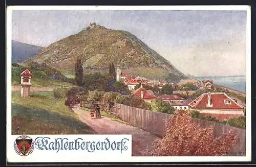 Künstler-AK Rudolf Schmidt: Kahlenbergerdorf, Ortsansicht, Deutscher Schulverein